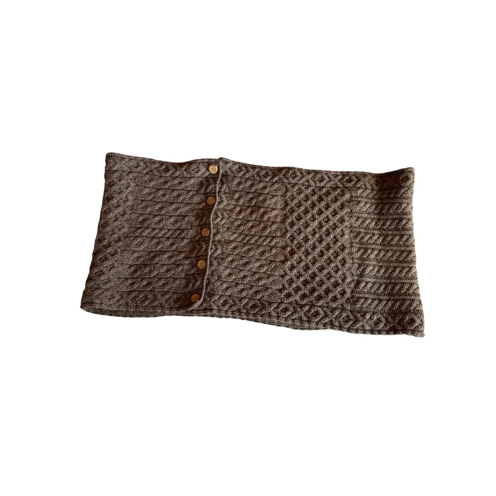 Carraig Donn Merino Wool Aran Knit Button Wrap Scarf Shawl Brown Made in Ireland